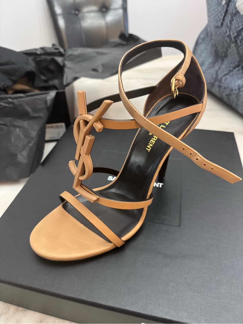 Saint Laurent Tan Leather Logo Strap Sandals “Cassandra”